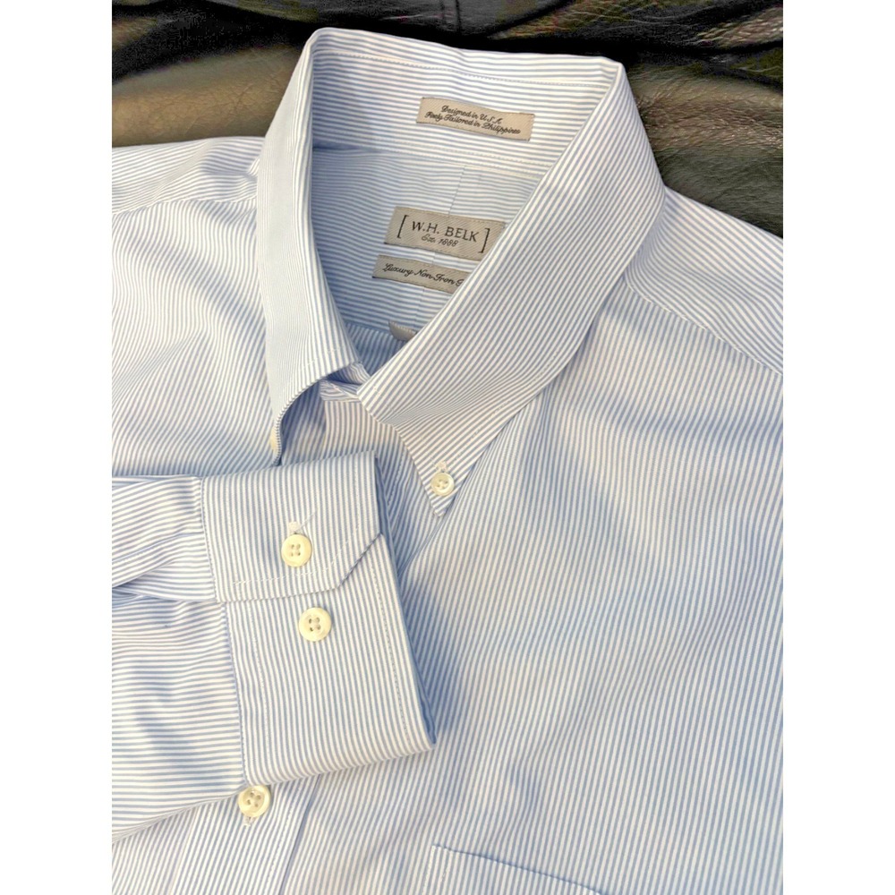 WH Belk Mens White/Blue Stripes Twill Cotton Button Down Dress Shirt 16.5 34/35